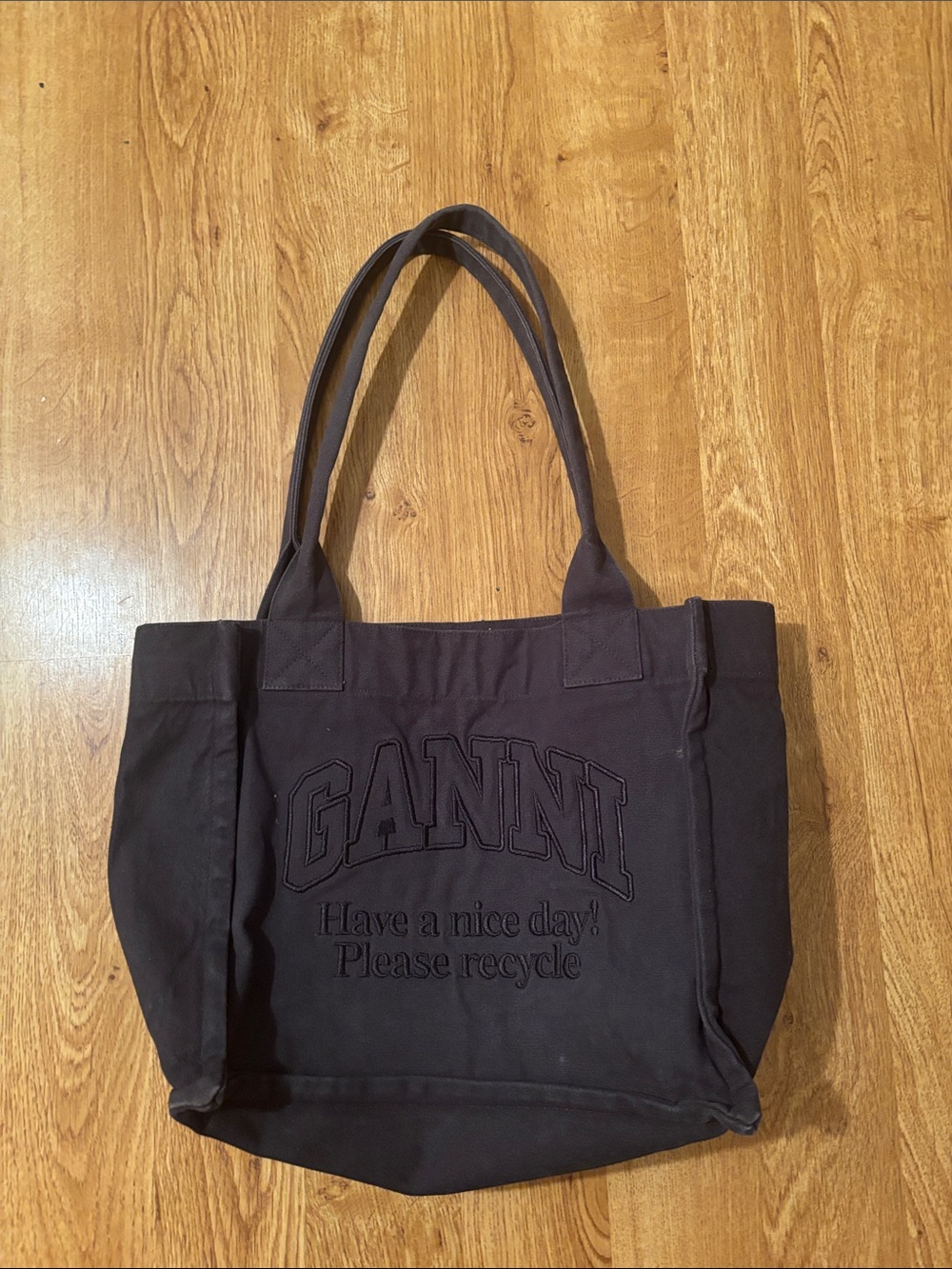 Ganni Navy Canvas Tote with Embroidered Logo
